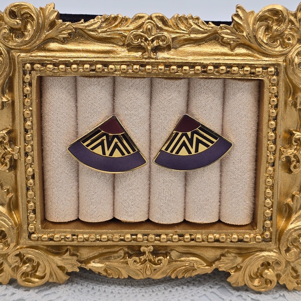 Laurel Burch Enamel Cloisonne Earrings Fan Purple Gold Tone Deco Post Pierced